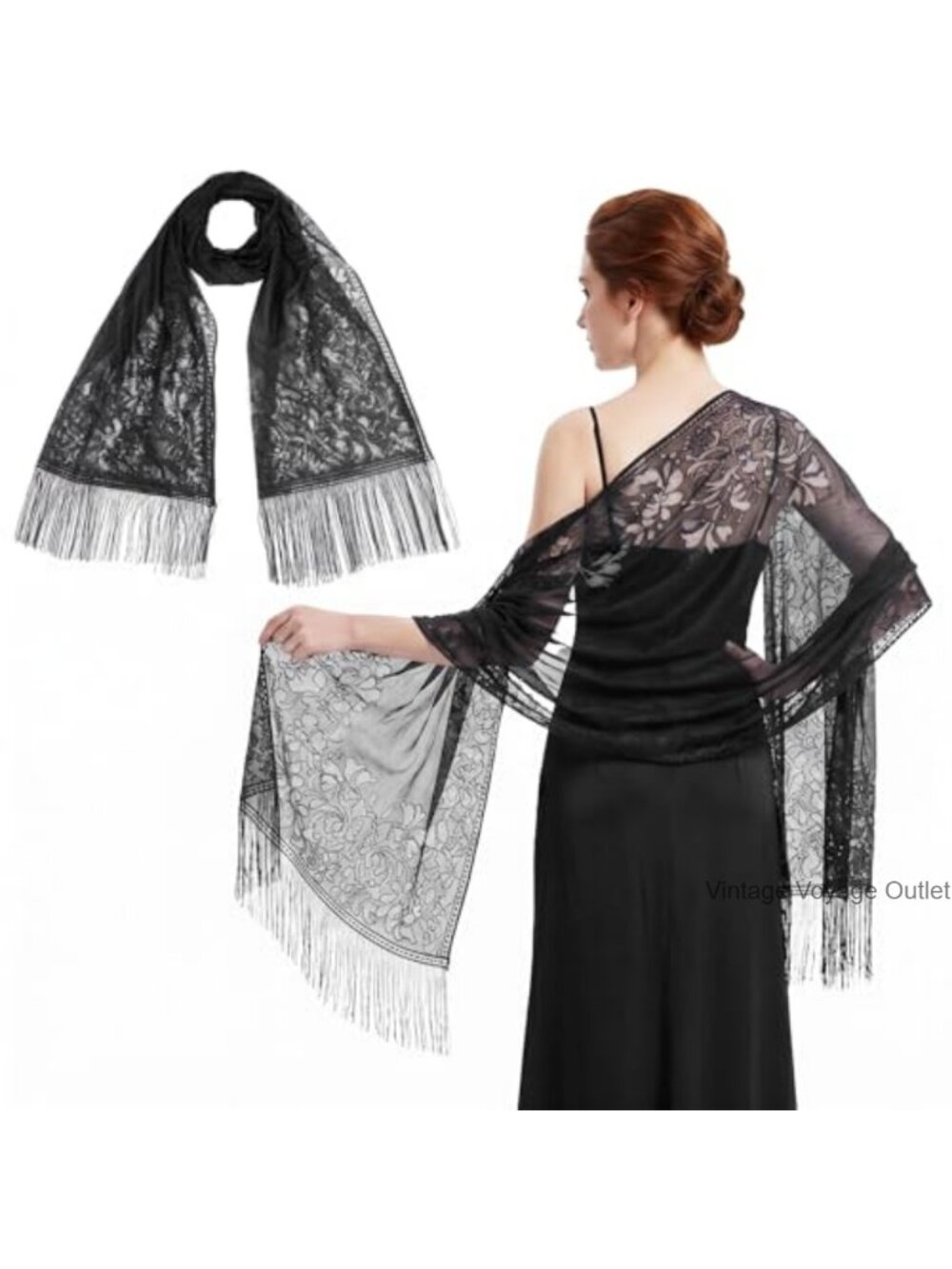 Floral Lace Shawl with Tassel Fringe - Evening Wrap & Beach Cape